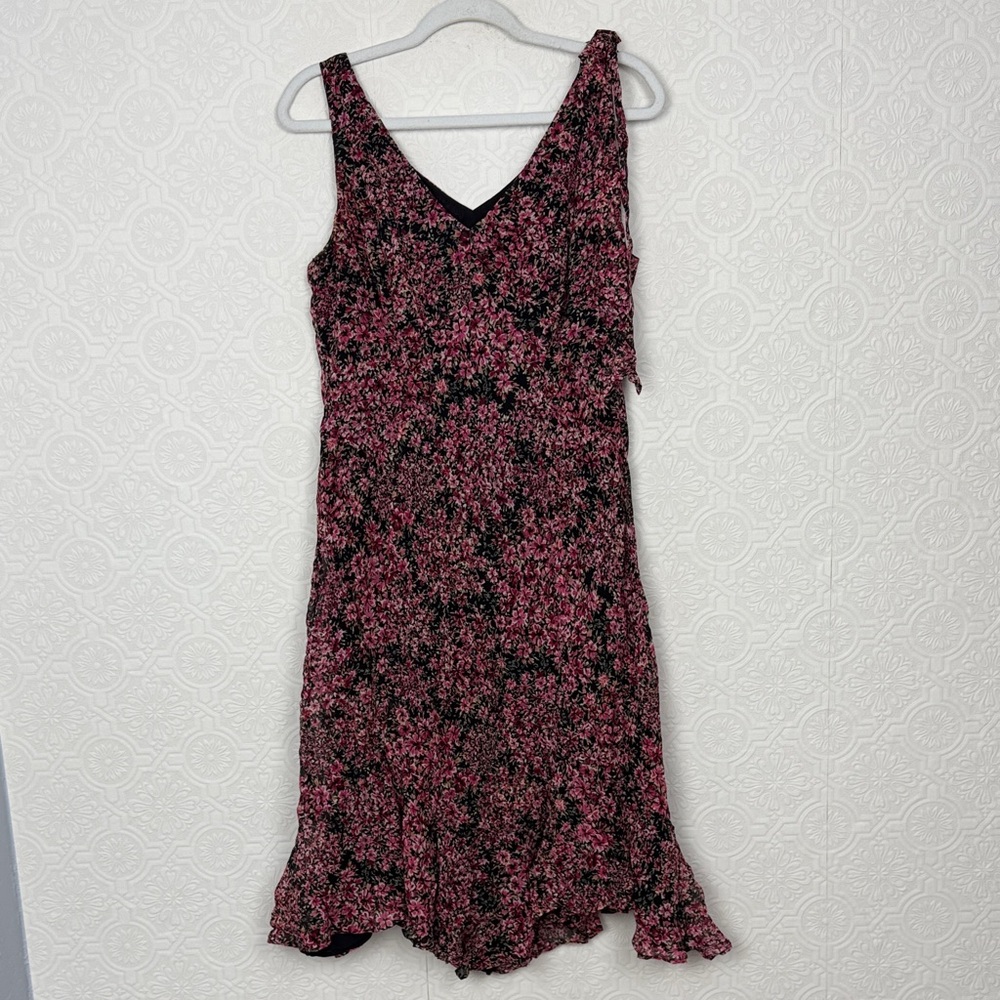 Vintage 100% Silk Y2K Ann Taylor LOFT Floral Dress Size 10 Black Pink Ruffle Hem